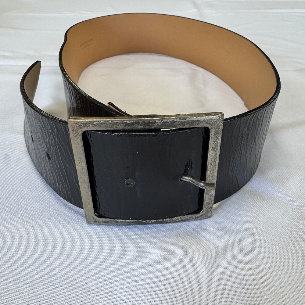 Harold's Vintage Patent Leather Wide Black Belt Silver Hardware Women's Size M